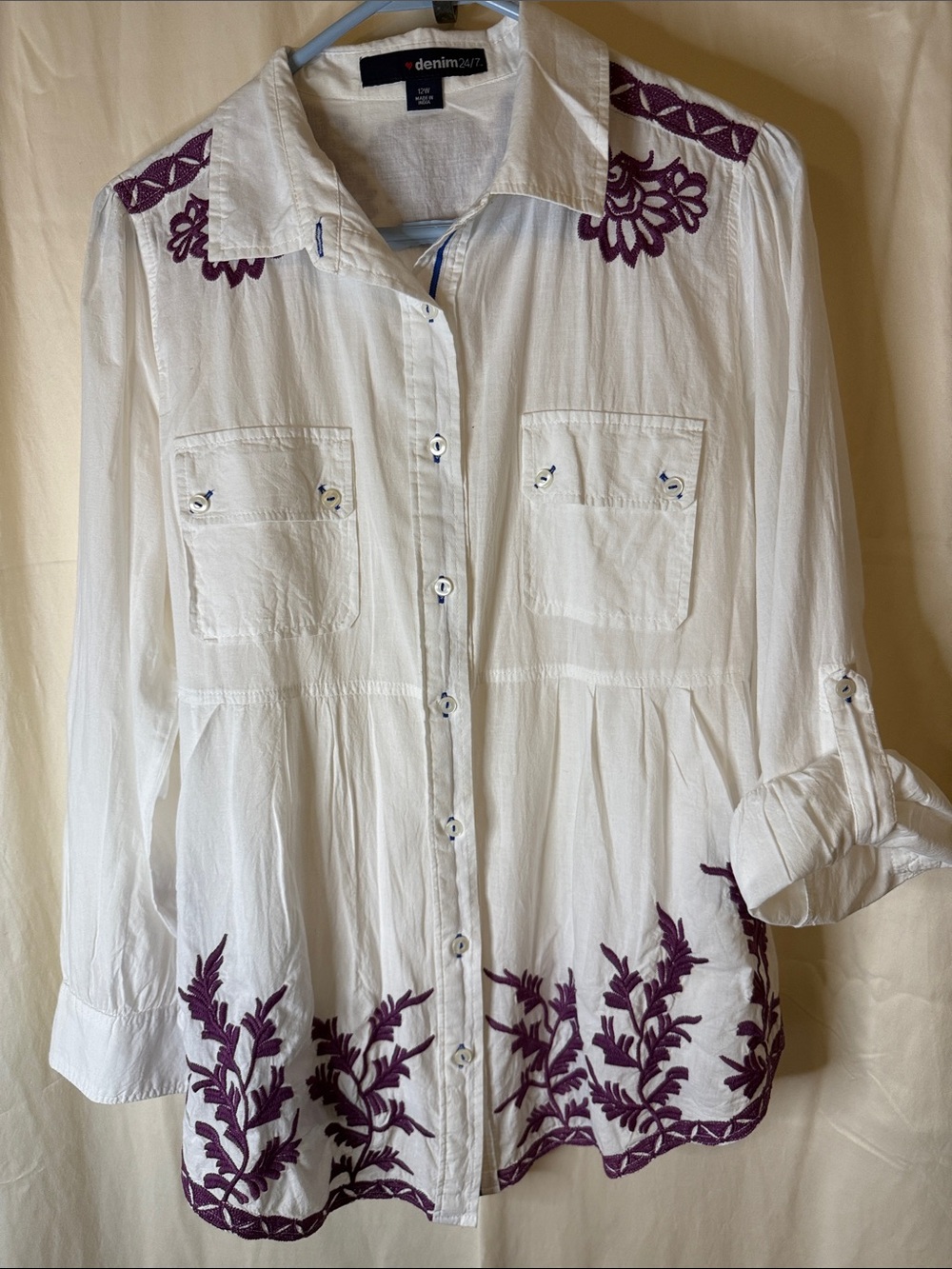 Denim 24/7 White Button-Down Shirt with Purple Embroidery